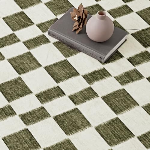 EverGrace 5' x 7' Olive Green Checkered Area Rug - Soft Faux Wool, Washable