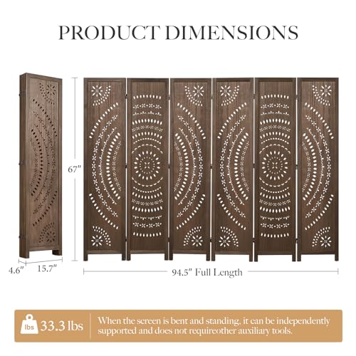 6-Panel Folding Room Divider, Freestanding Wood Carved Privacy Screen