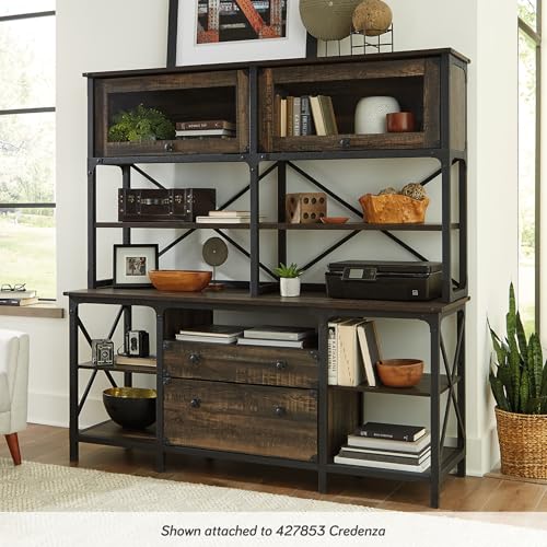 Industrial Office Hutch with Glass Doors and Adjustable Shelves, Carbon Oak