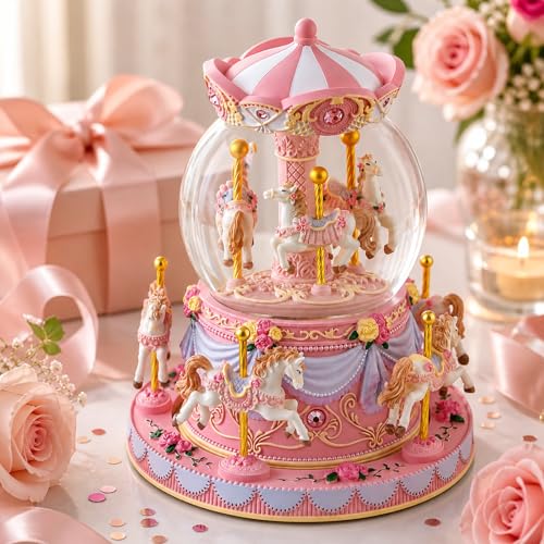 Carousel Snow Globe Music Box with Rotating Horses, LED Lights & Glitter