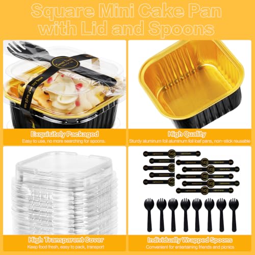 ZAOXILEN Square Mini Cake Pans with Lids, 5oz/125ml Aluminum, Black Gold