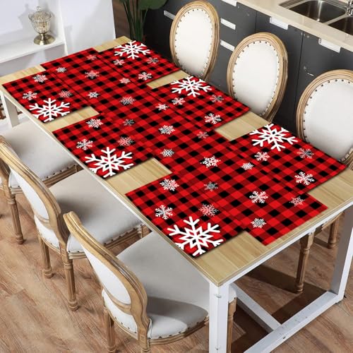 Irenare Snowflake Style Christmas Table Runner and Placemats Set Buffalo Plaid, 7 Pieces