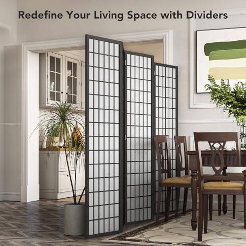 6-Panel Folding Room Divider, 6ft Japanese Shoji Privacy Screen, Black