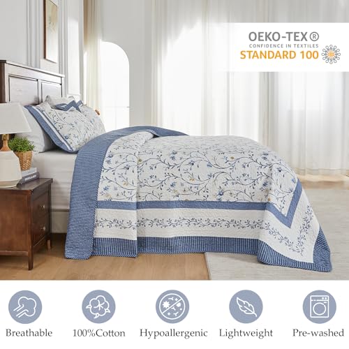 Oversized King Bedspread Set - 100% Cotton Floral Quilt 128x120