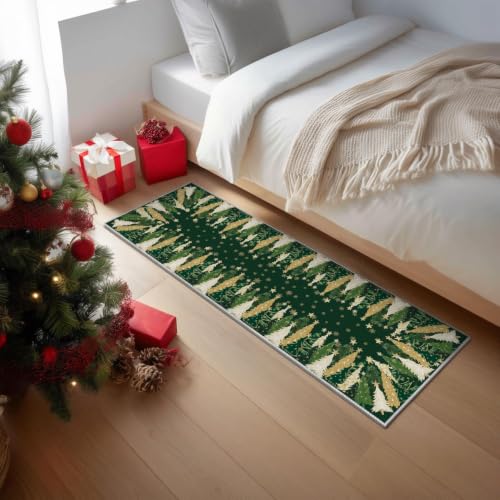 Artoid Mode 2' x 6' Green Xmas Tree Snowflake Runner Rug – Non-Slip, Washable Hallway/Bedroom Decor