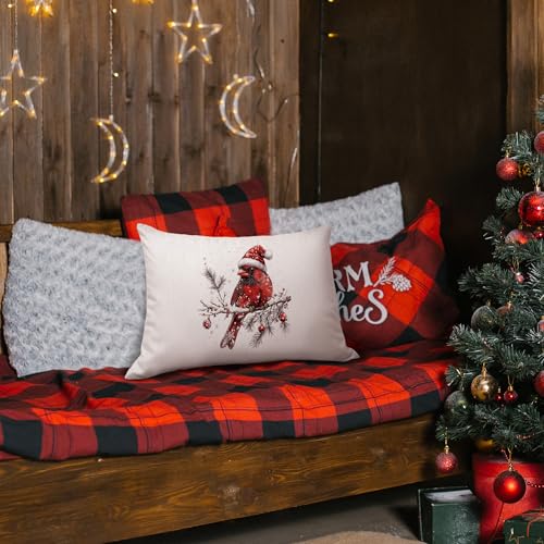 Christmas Red Cardinal Bird 12x20 Pillow Cover - Rustic Holiday Decor for Living Room & Bedroom