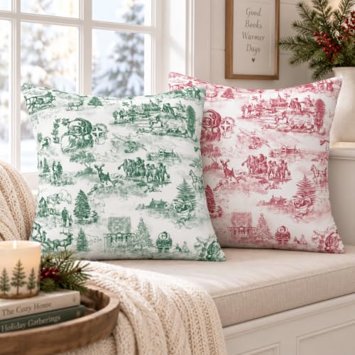 LOHDALOLF Christmas Toile Throw Pillow Covers 18x18 Inches Set of 2 - Holiday Decor