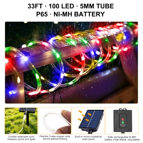 33ft Solar Rope Lights, 100 LED Waterproof Outdoor String Lights