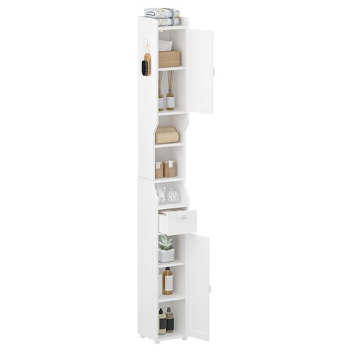 HEXCELEN Bathroom Storage Cabinet, Narrow Tall Bathroom Cabinet, Freestanding Floor Cabinets with 2 Doors and 1 Drawer, Toilets Organizer with Adjustable Shelf, 1 Hook for Small Spaces, White