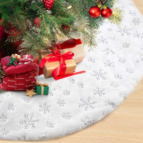 Sayrrame White & Silver 48 Inch Faux Fur Christmas Tree Skirt with Silver Sequin Snowflakes