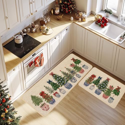 Christmas Kitchen Rugs Set of 2 Pine Trees and Blue Red Porcelain 17x29 & 17x47 Inches
