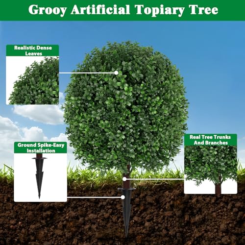 2 Pack 27.5" Artificial Boxwood Topiary Ball Trees with Ground Spikes