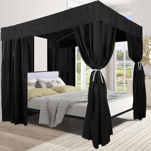 Blackout 4 Corner Post Queen Bed Canopy Curtains with Hooks - Black