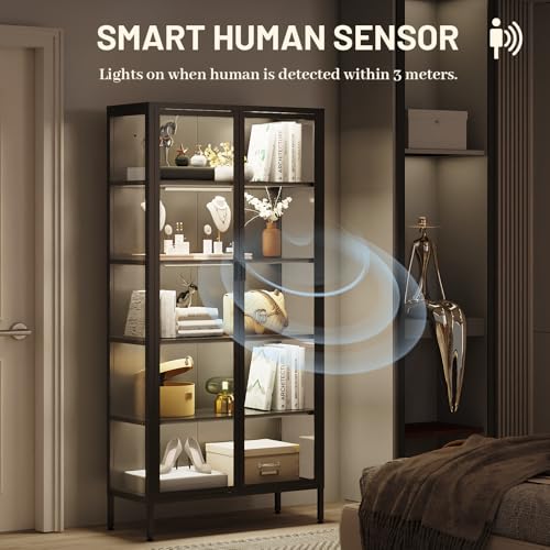 71-Inch Tall Glass Display Cabinet with Motion Sensor LED Lights