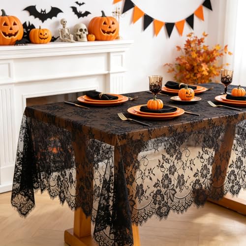 QueenDream Black Lace Tablecloth 10FT Rectangle Wedding Overlay 2 Pack - Floral Vintage Fabric for Events & Halloween