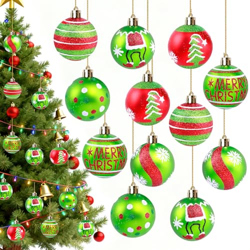 MEMOVAN Elf Christmas Ball Ornaments 2.4 inch Red & Green 12pcs—Shatterproof Candy Cane Elf Baubles
