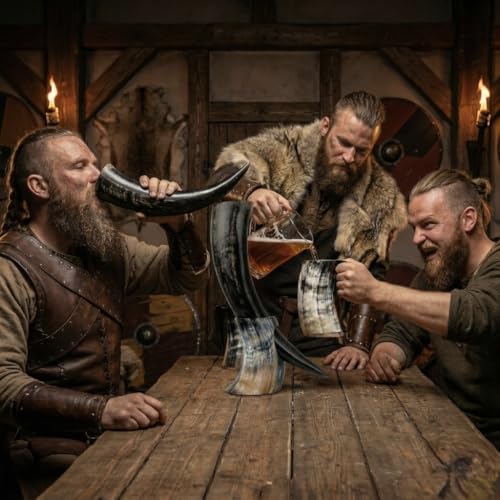 Handcrafted Viking Drinking Horn with Leather Holster and Stand - 12-14oz