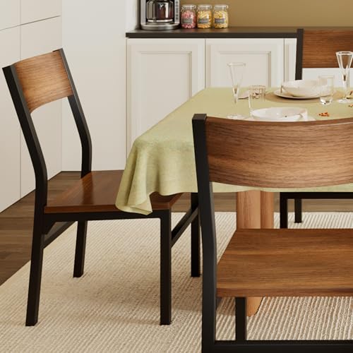 Modern Dining Chairs Set of 6 with Ergonomic Backrest & Metal Legs, Walnut