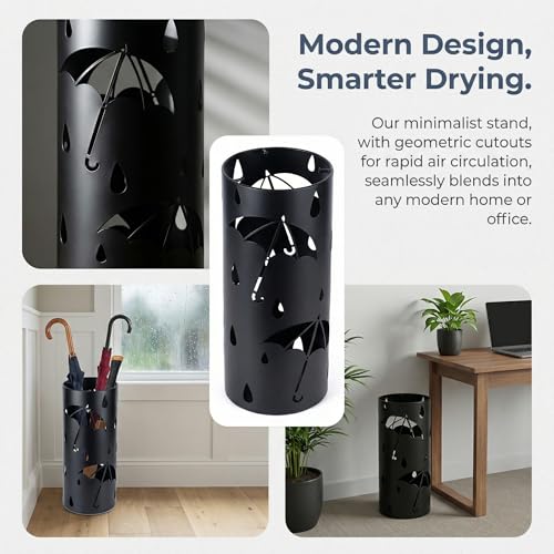 Round Metal Umbrella Stand for Entryway, Black Storage Rack with 3 Hooks