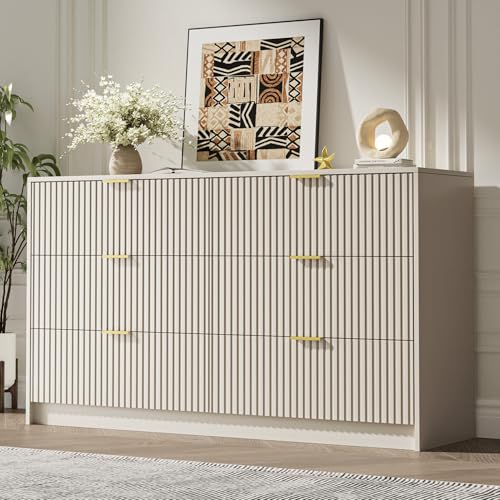 6-Drawer Fluted Wood Dresser, 55-inch Wide Modern Storage Chest in Beige