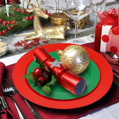 Maxcheck 80 Pcs Christmas Disposable Plastic Plates Green & Red Set - 7" & 10"