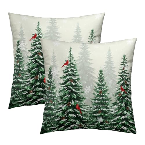 Harooni Winter Cardinal Bird Pine Tree Pillow Covers 20x20 Inch Set of 2 - Christmas Snow Forest Home Decor