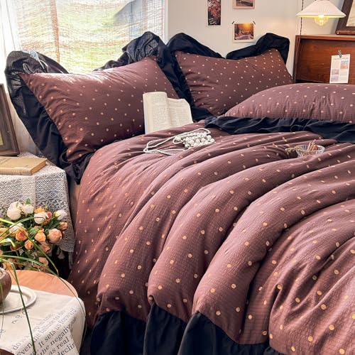 Brown Polka Dot Ruffle Duvet Cover King | Soft Double Gauze Bedding Set