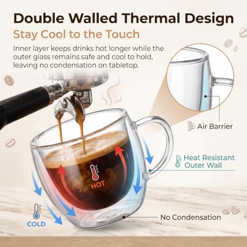10 oz Double Walled Glass Coffee Mugs Set of 2 - Insulated Hand Blown Clear Cups for Espresso, Latte, Tea, and More