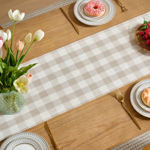 POSEAT Beige Gingham Table Runner 13x108 Inches - Classic Farmhouse Decor