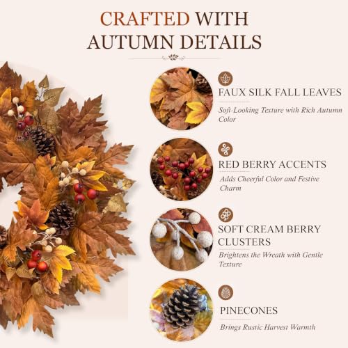 26-Inch Lighted Fall Wreath with Maple Leaves, Pinecones and Berries