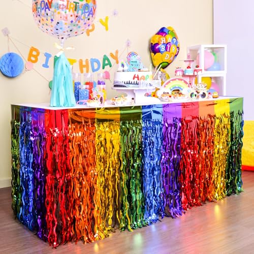 Rainbow Metallic Foil Fringe Table Skirt - 2 Pack Wavy Tinsel Party Decor