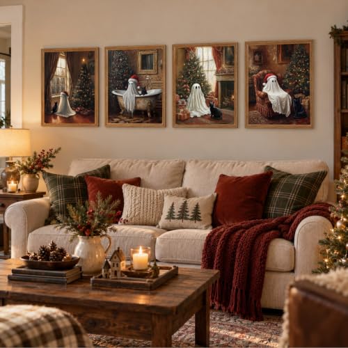 Vintage Christmas Ghost and Black Cat Wall Art Set - Framed 12x16 Inches - Variation of THIS listing
