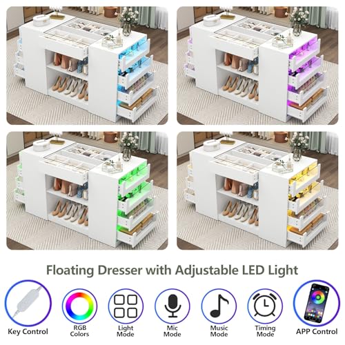 Modern Closet Island with 10 Drawers, Glass Top, and LED Lighting - White