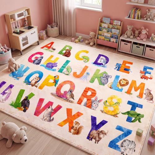 Alphabet Animal Classroom Rug 5 x 7 ft, Educational Play Carpet for Kids