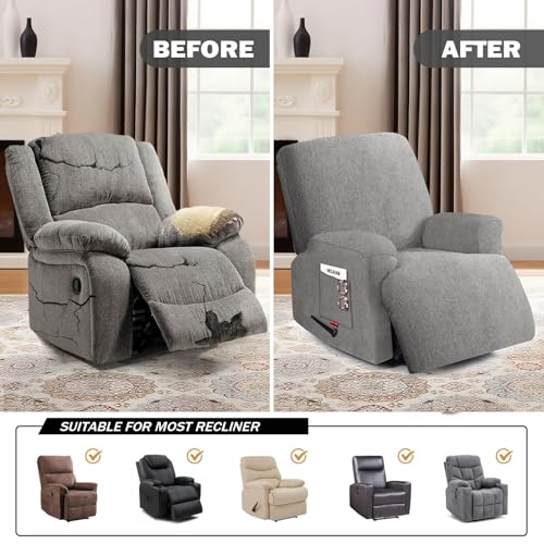 Stretch Recliner Chair Covers - Plush Fabric Slipcovers for 1 Seater, Light Gray