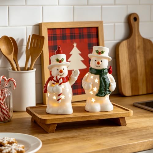 Christmas Snowman Figurines Set with LED Lights - White Ceramic, Red & Green Variation
