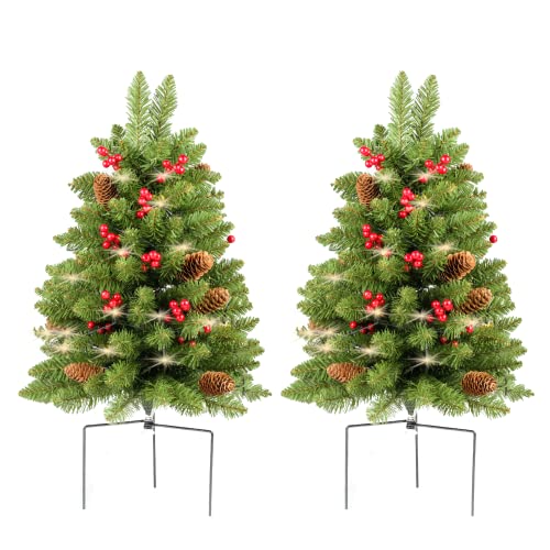 HomeKaren 30-Inch Prelit Christmas Tree (Green) Battery-Operated with Red Berries & Pine Cones