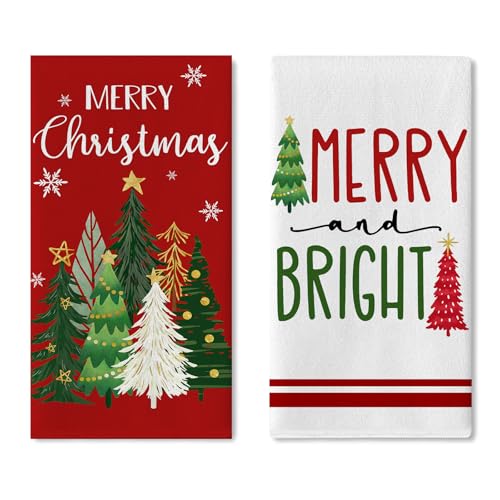 Croar Merry Christmas Tree Red Kitchen Dish Towels Set of 2 – Christmas Tree Variation