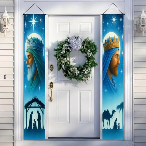 HOMETITUTE Blue Nativity Door Banner – Wise Man & Manger Scene, 11.8 x 70.9 in