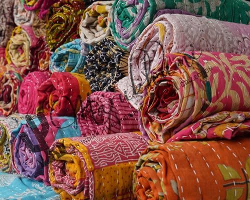 Handmade Reversible Kantha Quilt - Vintage Cotton Throw Blanket