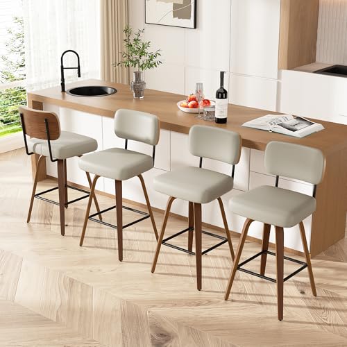 26-Inch Swivel Counter Height Bar Stools, Set of 4, Faux Leather Mid-Century