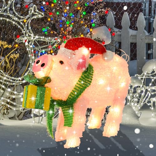Lighted Christmas Pig Decoration with Santa Hat & Gift Box (Pink) - Battery-Powered