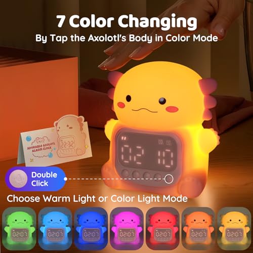 Axolotl Kids Alarm Clock with LED Night Light - Pink Bedside Clock