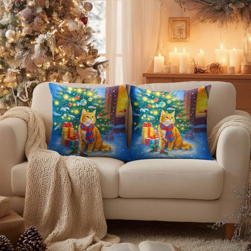 HOMETITUTE Christmas Cat Throw Pillow Covers Set of 2 18x18 Inches - Winter Holiday Decor