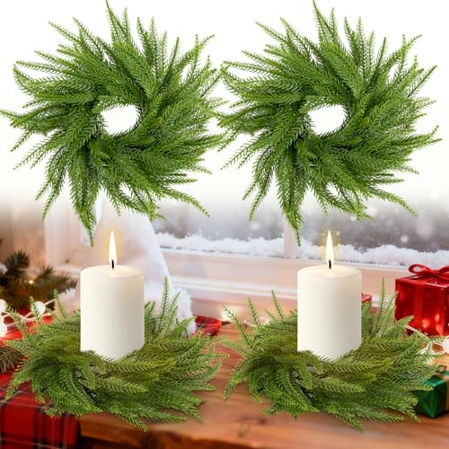 Norfolk Pine Candle Rings - 11.8 Inch Artificial Christmas Wreaths, 2 Pack