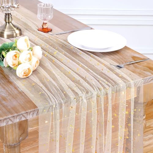 Beige Gold Gauze Table Runner 10ft with Metallic Foil Sparkle – 3pcs, 29x120