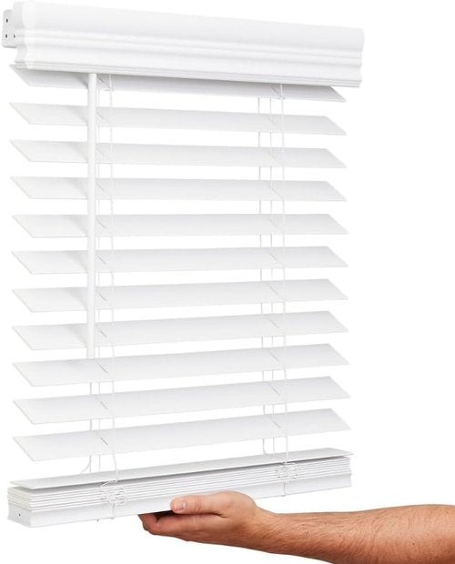 Lotus & Windoware Cordless Faux Wood Blinds - 34" Wide x 60" Long | Embossed Bright White Indoor Shades