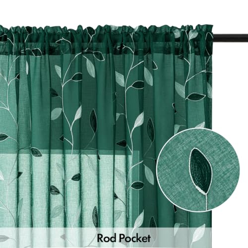 MIULEE Hunter Green Leaf Pattern Sheer Curtains 52x84 in | Set of 2