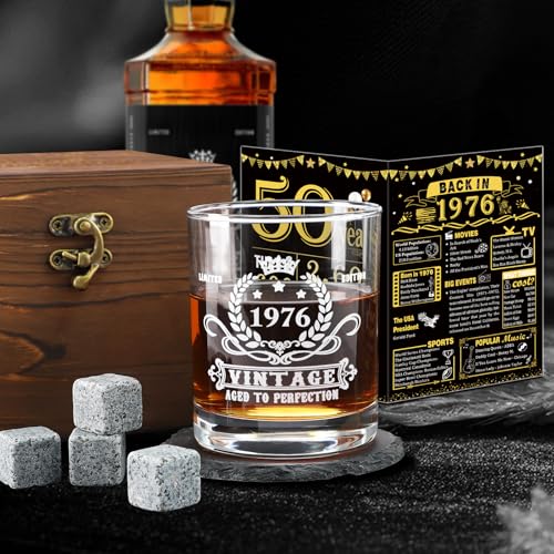 50th Birthday Whiskey Gift Set with Glass, Granite Stones, and Coaster