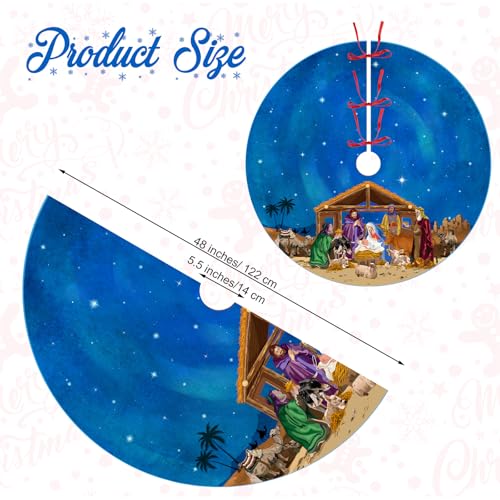 48 Inch Blue Christmas Tree Skirt with Nativity Scene - Christain Holiday Decor